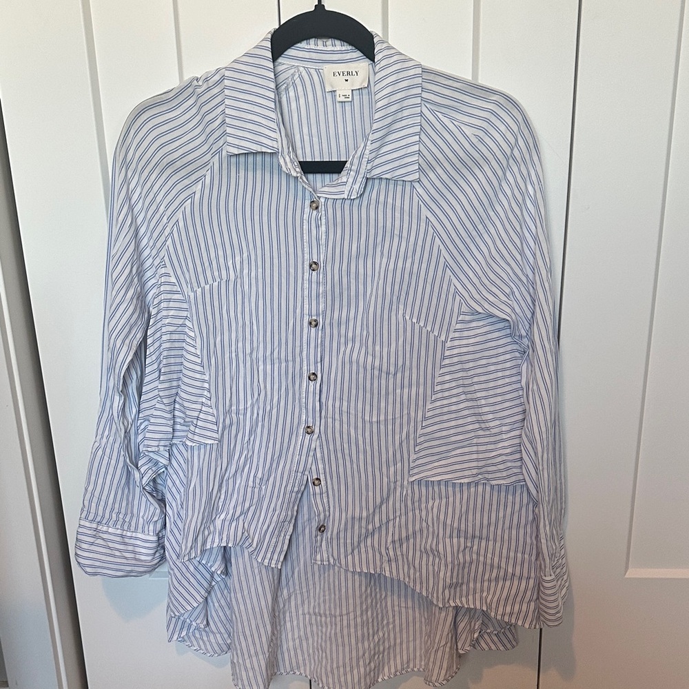 Everly Blue & White Vertical Stripe Button-Up Blouse